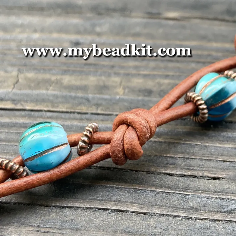 Boho Chic Glass Bead & Knotted Leather Bracelet Kit (Turquoise & Copper)