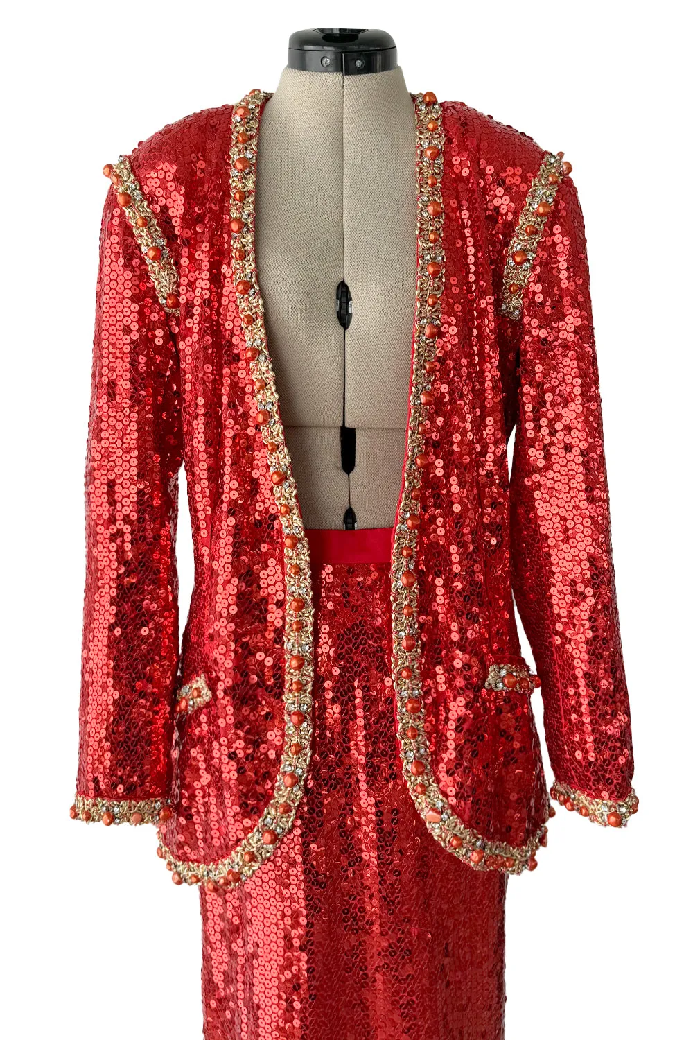 Bright Red 1980s Balenciaga Le Dix Sequin Jacket & Skirt Suit w Gold Braiding & Beadwork Detailing
