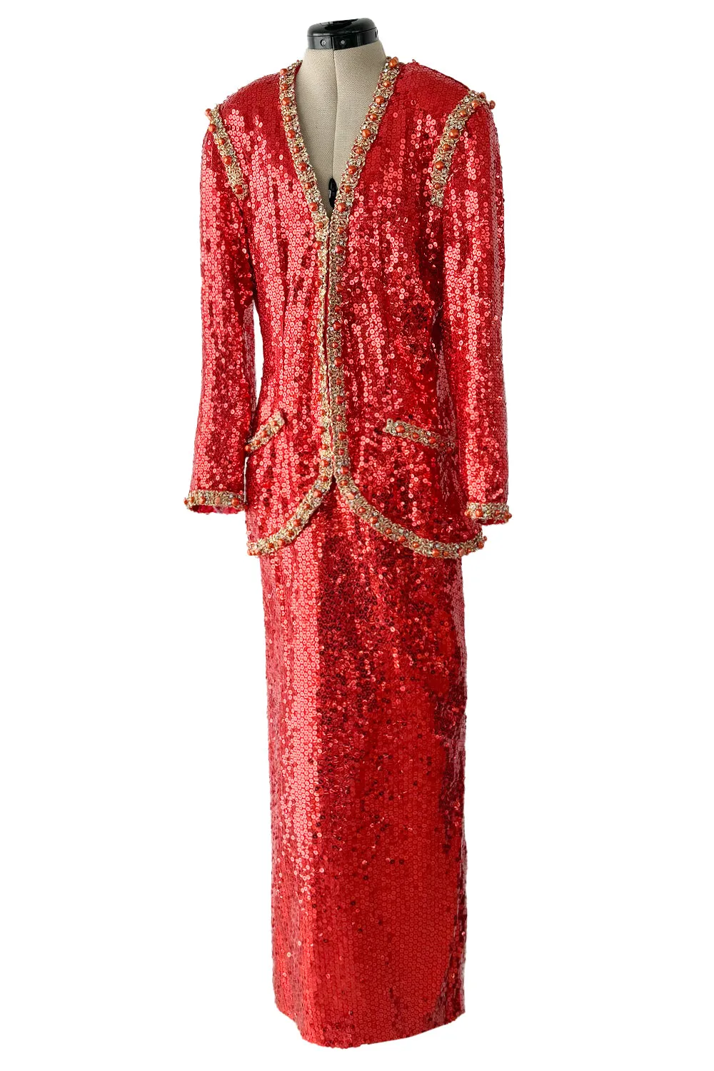 Bright Red 1980s Balenciaga Le Dix Sequin Jacket & Skirt Suit w Gold Braiding & Beadwork Detailing
