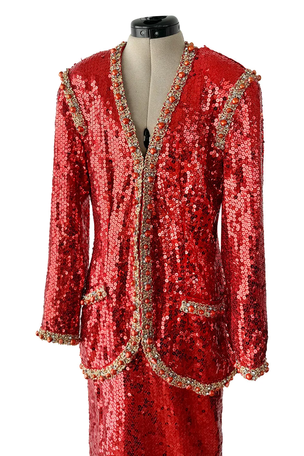 Bright Red 1980s Balenciaga Le Dix Sequin Jacket & Skirt Suit w Gold Braiding & Beadwork Detailing