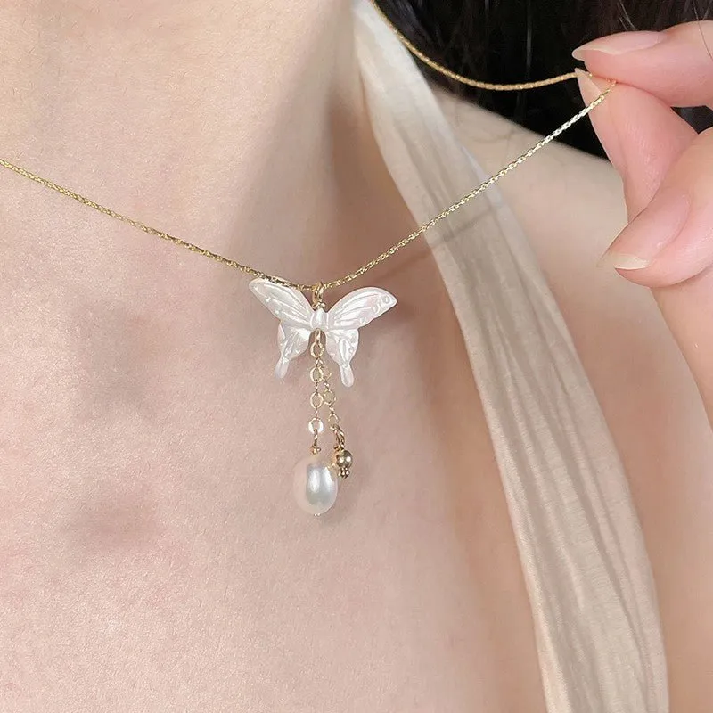 Butterfly and Pearl Necklace (Solid Silver)