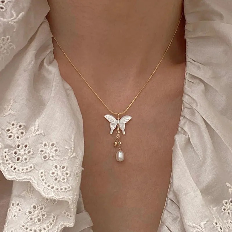Butterfly and Pearl Necklace (Solid Silver)