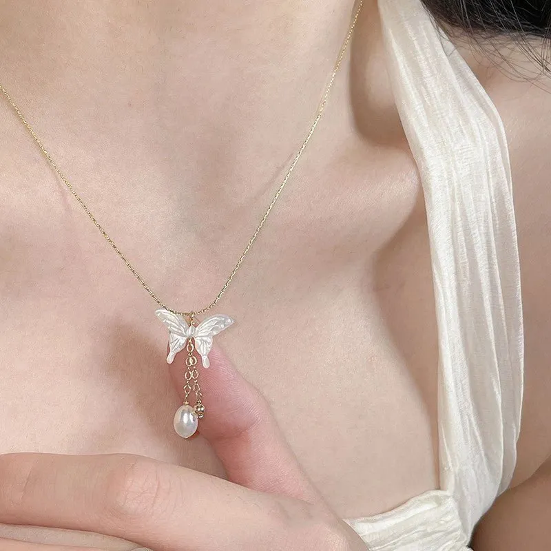 Butterfly and Pearl Necklace (Solid Silver)