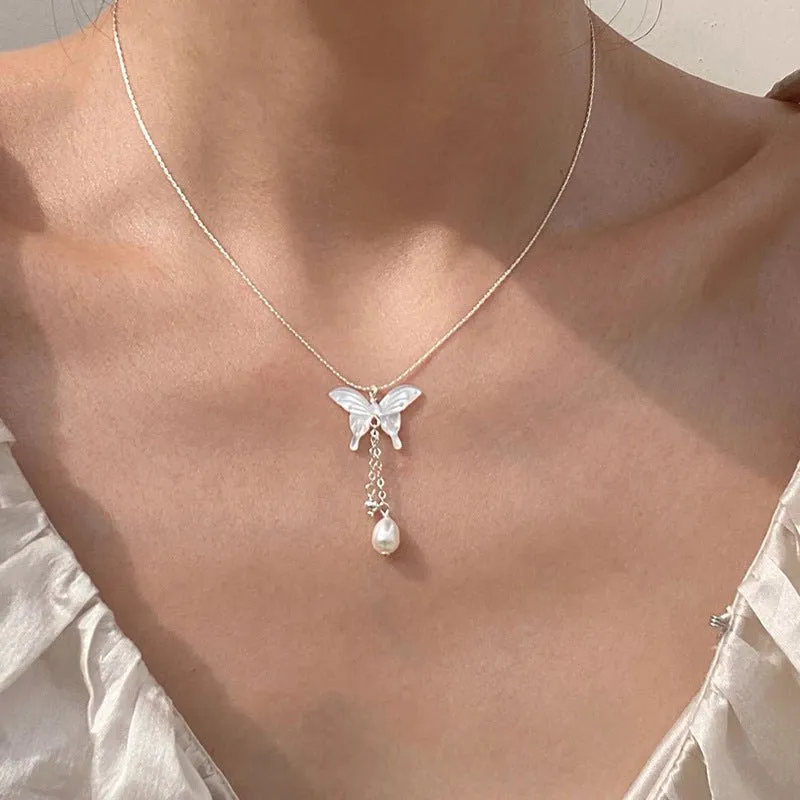 Butterfly and Pearl Necklace (Solid Silver)