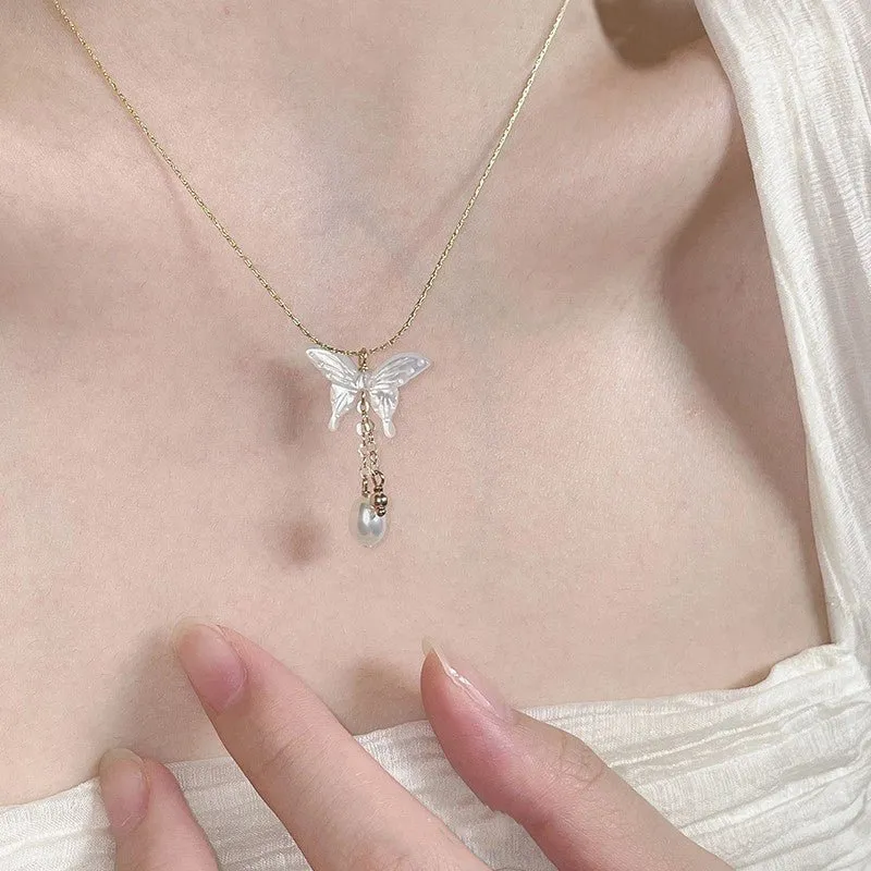 Butterfly and Pearl Necklace (Solid Silver)