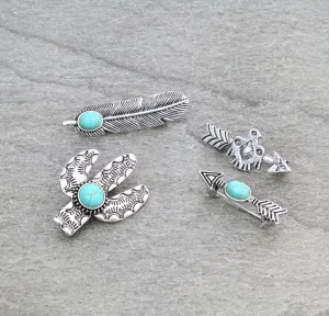 Cactus Arrow Thunderbird Fashion Silver Pin Set - Turquoise