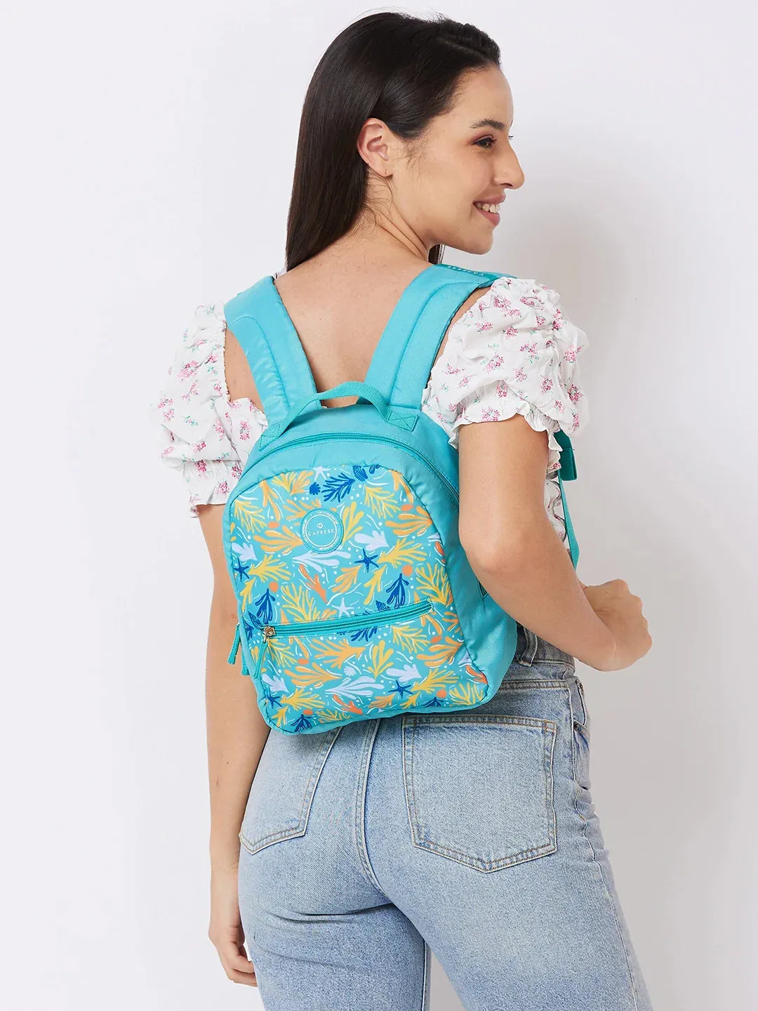 Caprese Xenia Small Turquoise Printed Backpack