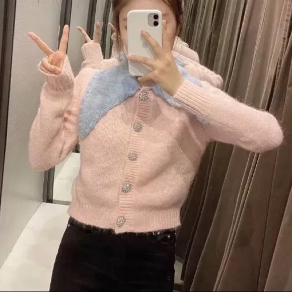 Cardigan sweater stone button pink blue collar short sweater knit