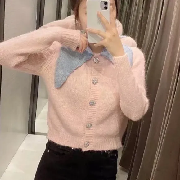 Cardigan sweater stone button pink blue collar short sweater knit