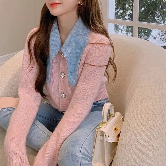 Cardigan sweater stone button pink blue collar short sweater knit