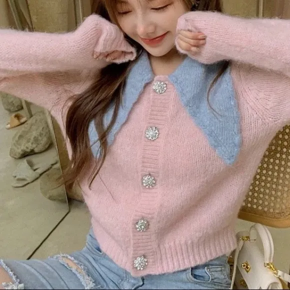 Cardigan sweater stone button pink blue collar short sweater knit