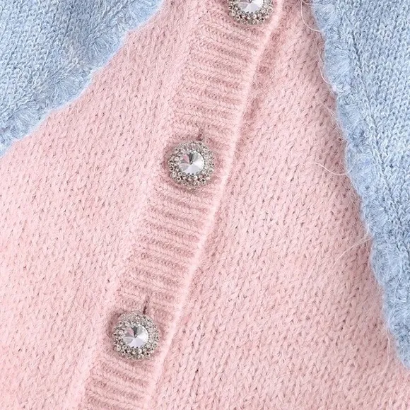 Cardigan sweater stone button pink blue collar short sweater knit