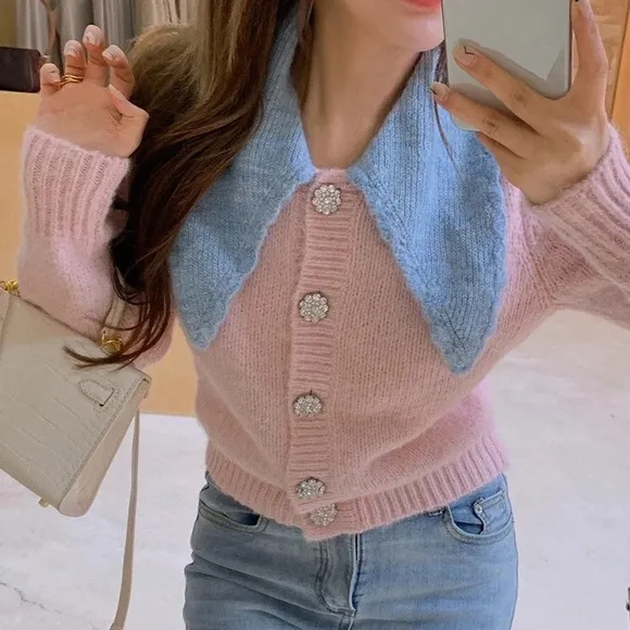 Cardigan sweater stone button pink blue collar short sweater knit