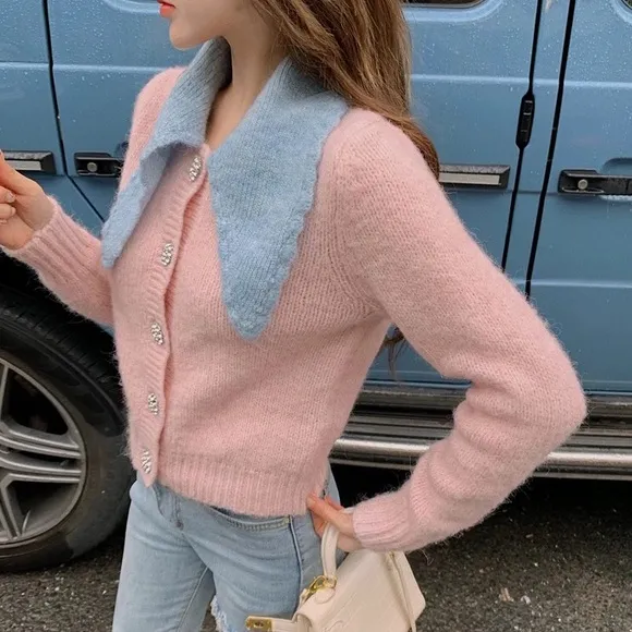 Cardigan sweater stone button pink blue collar short sweater knit