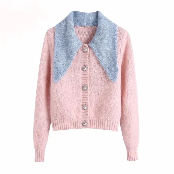 Cardigan sweater stone button pink blue collar short sweater knit