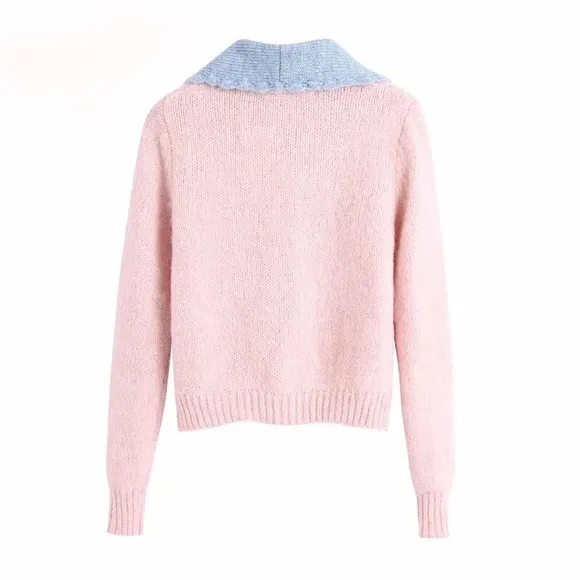 Cardigan sweater stone button pink blue collar short sweater knit
