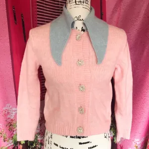 Cardigan sweater stone button pink blue collar short sweater knit