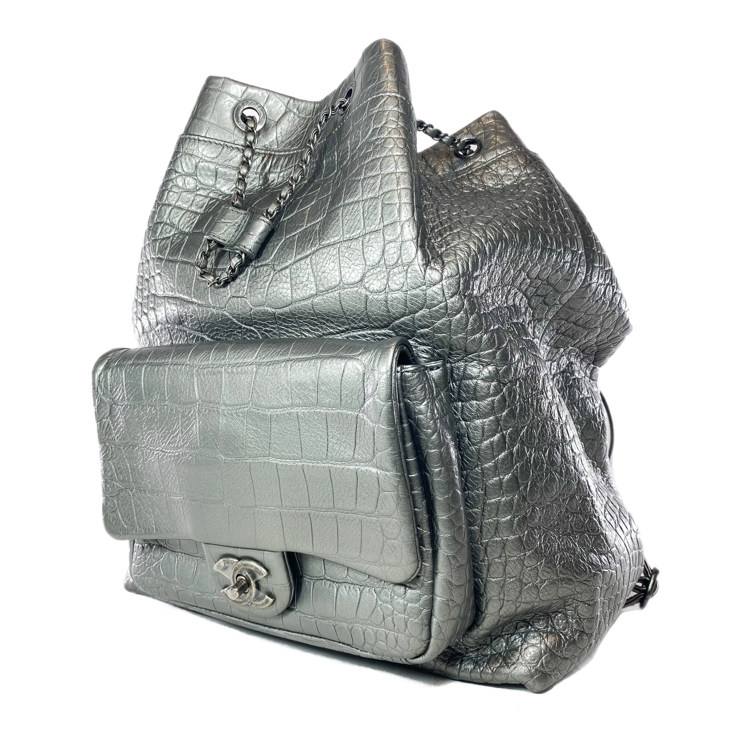 Chanel Silver Metallic Calfskin Crocodile Embossed Backpack