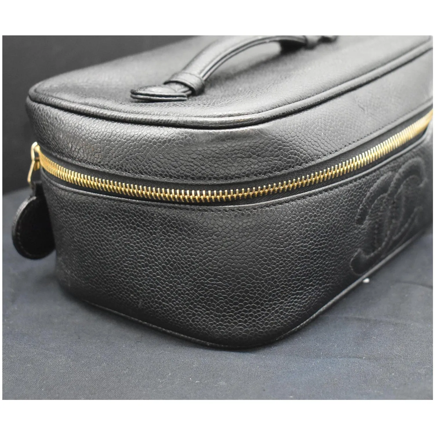 CHANEL Vintage Vanity Case Leather Chain Cosmetic Bag Black