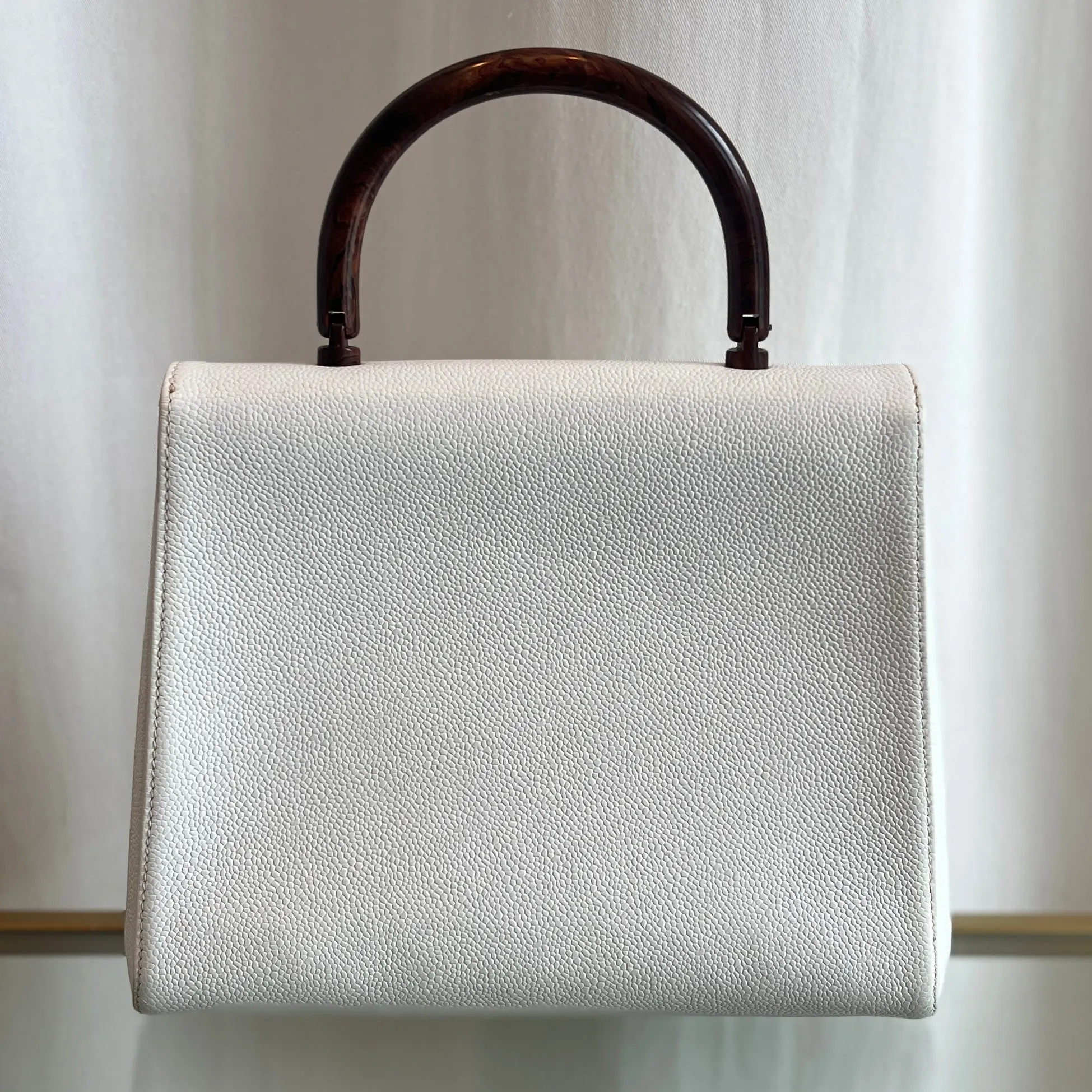 CHANEL White Caviar Leather Wood Top Handle Coco Mark Satchel