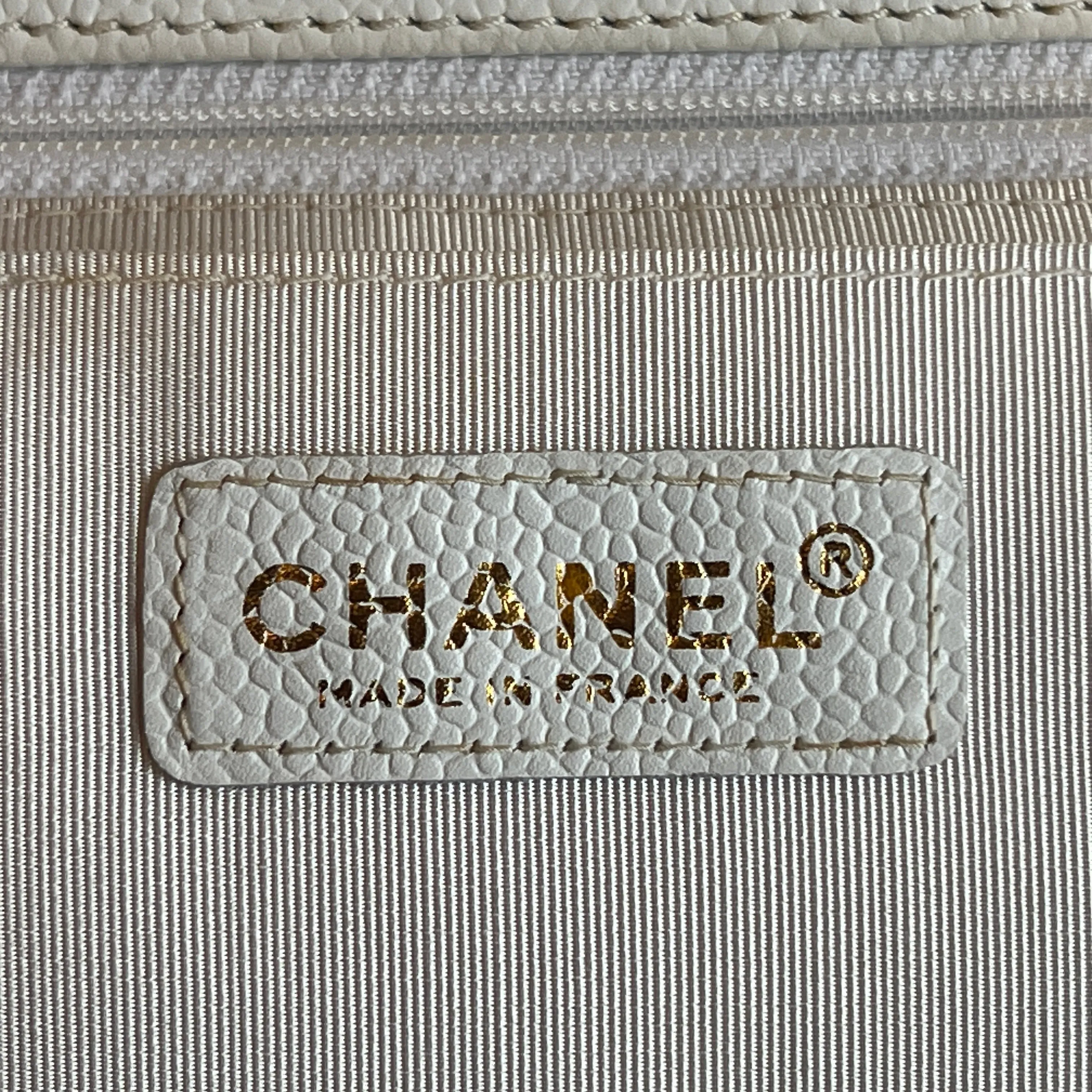 CHANEL White Caviar Leather Wood Top Handle Coco Mark Satchel