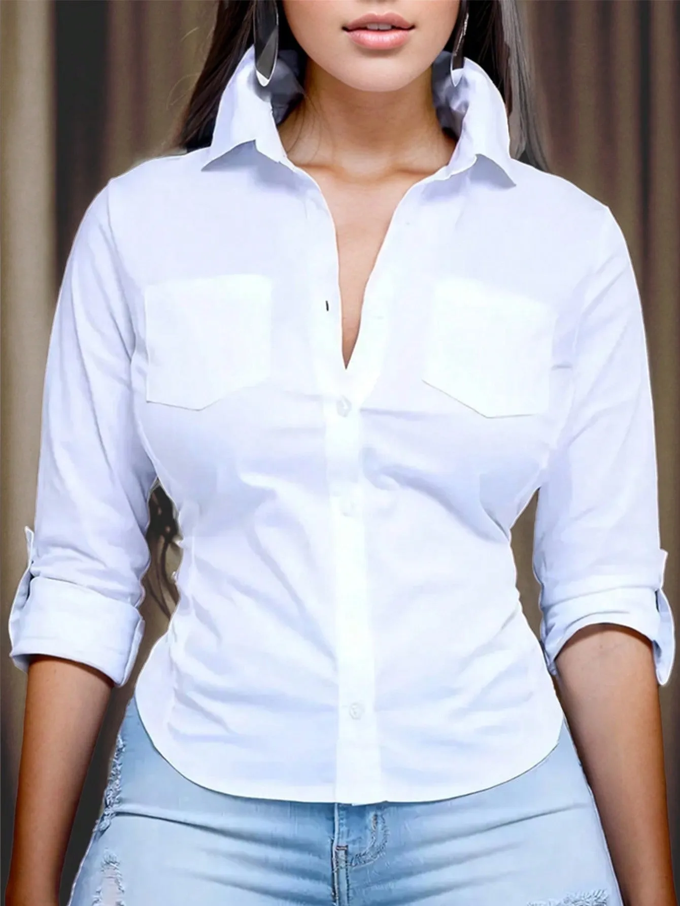 Cherry Vibes Camisa de Manga Enrollada para Mujer en