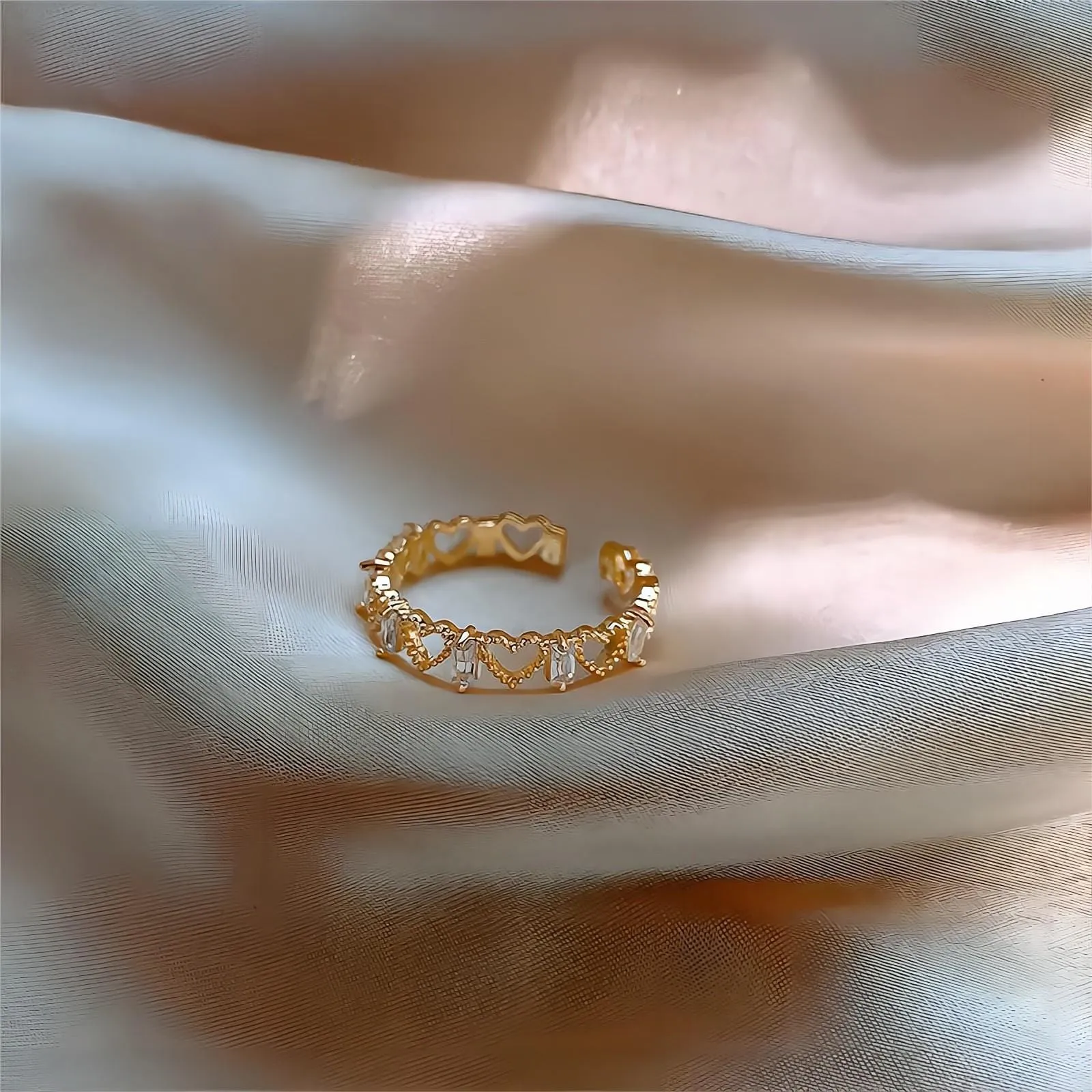 Chic CZ Inlaid Adjustable Hollowed-out Heart Ring
