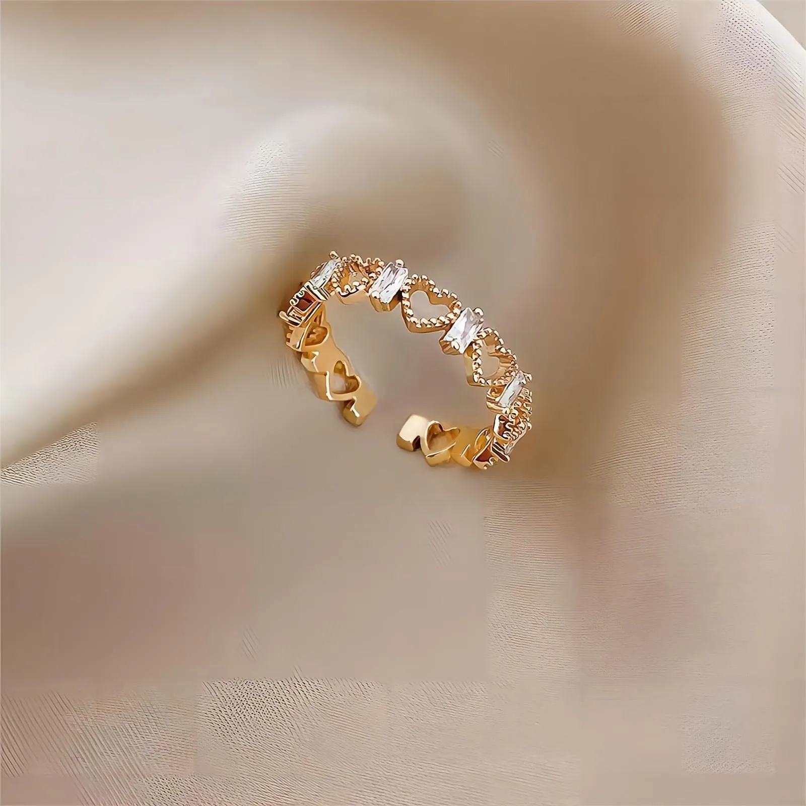 Chic CZ Inlaid Adjustable Hollowed-out Heart Ring