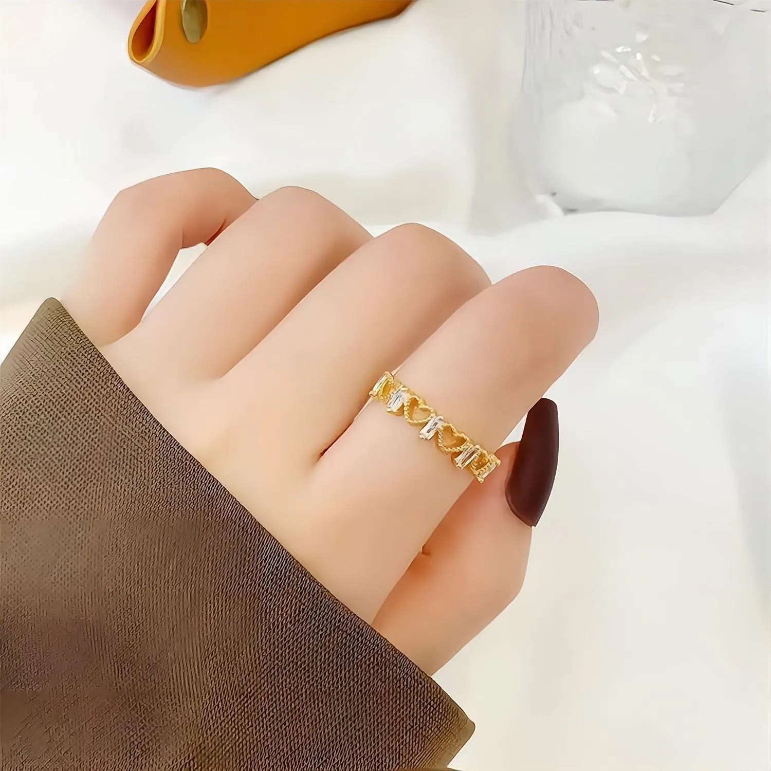 Chic CZ Inlaid Adjustable Hollowed-out Heart Ring