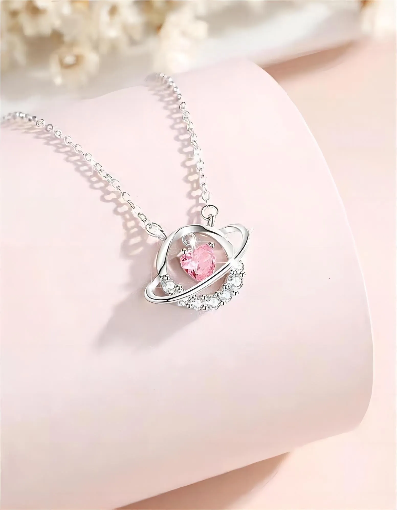 Chic CZ Inlaid Planet Dangle Heart Pendant Necklace