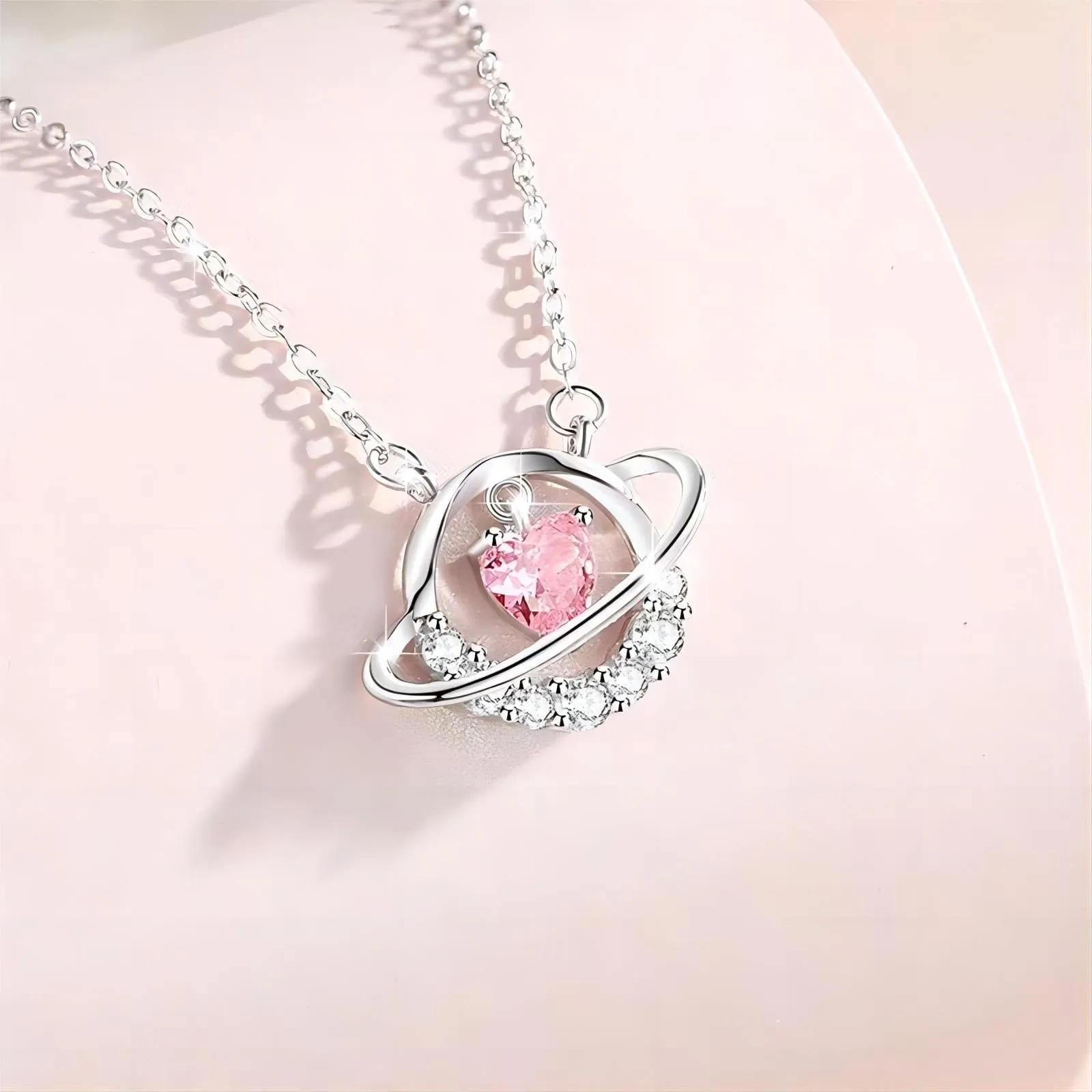 Chic CZ Inlaid Planet Dangle Heart Pendant Necklace