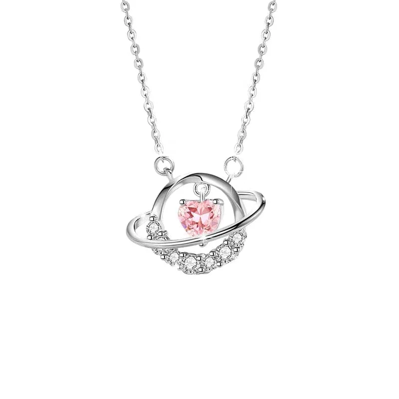 Chic CZ Inlaid Planet Dangle Heart Pendant Necklace