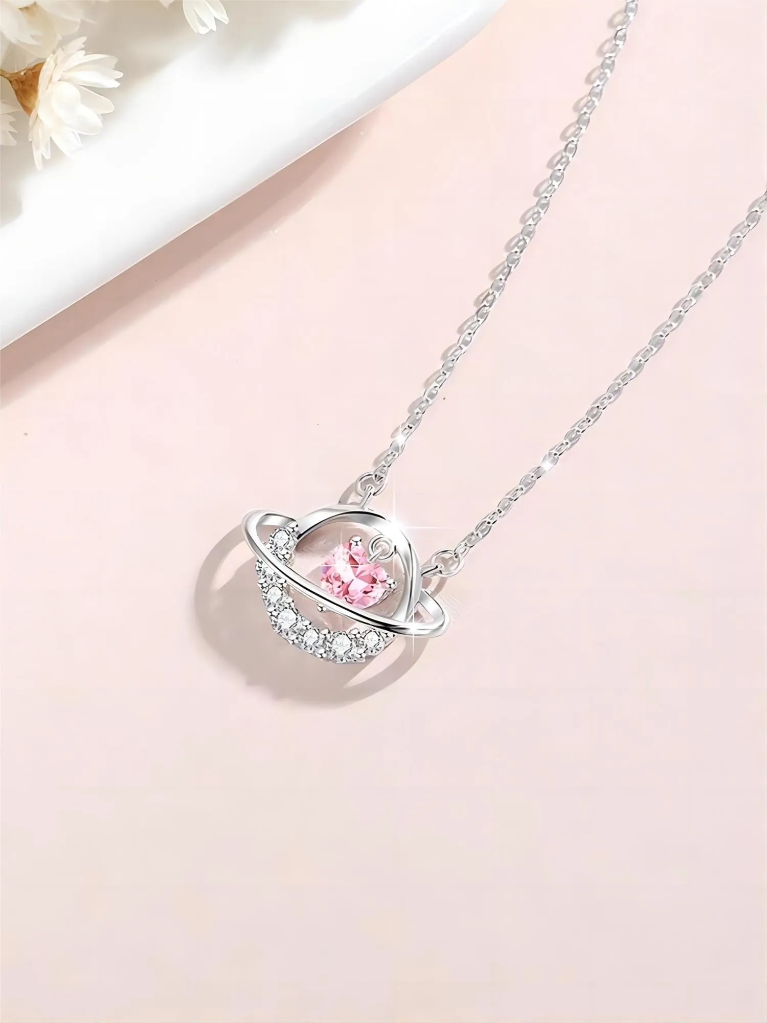 Chic CZ Inlaid Planet Dangle Heart Pendant Necklace