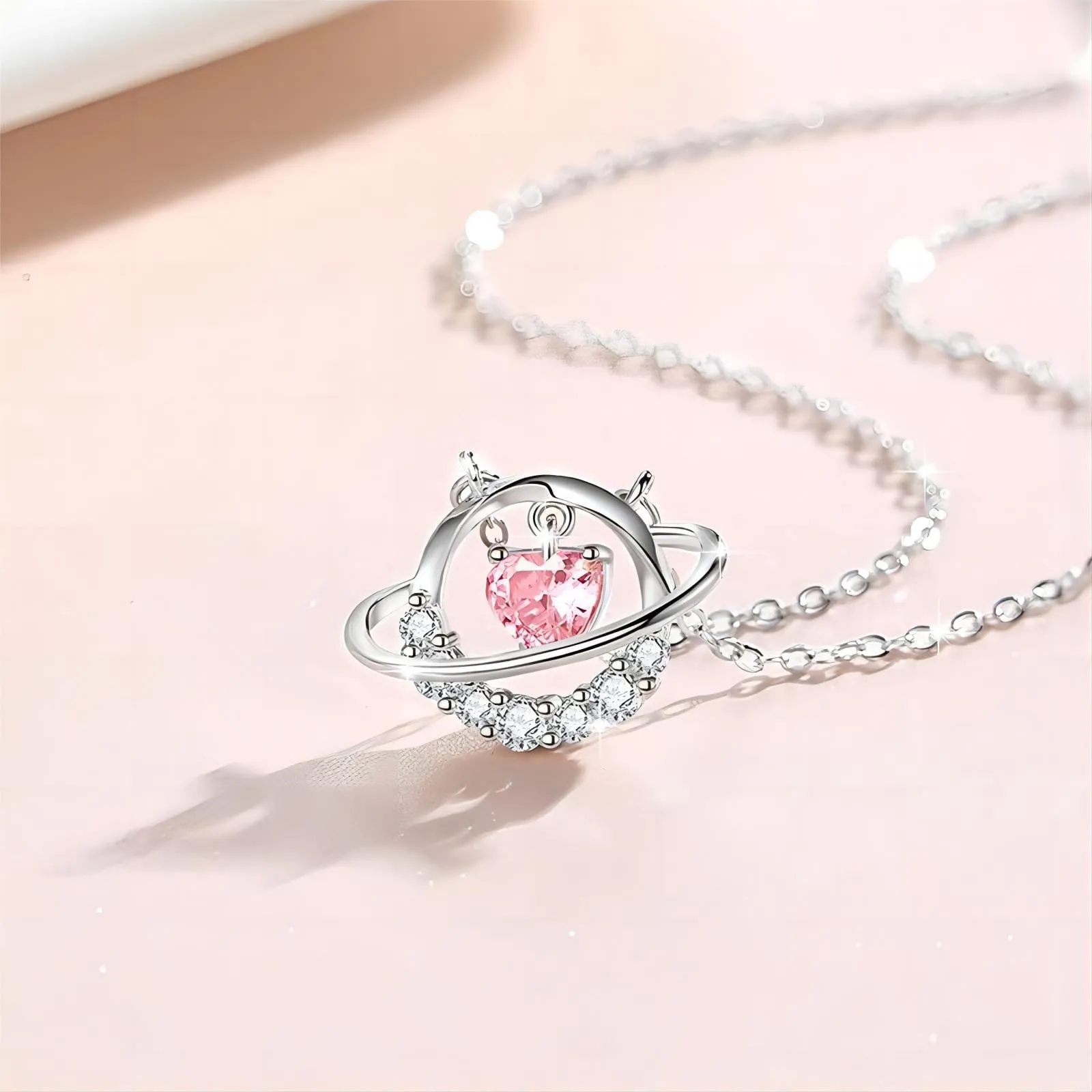 Chic CZ Inlaid Planet Dangle Heart Pendant Necklace