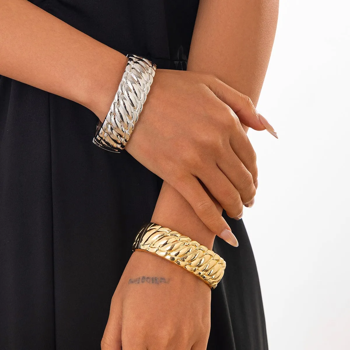 Chic Gold Silver Plated Glossy Textured Bangle Bracelet