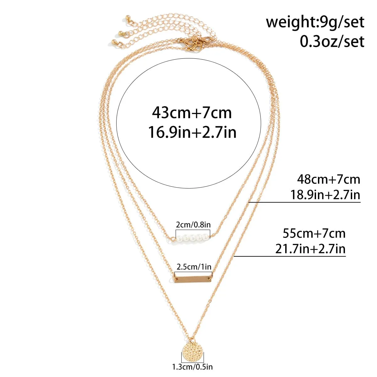 Chic Layered Round Disk Metal Bar Pearl Pendant Cable Chain Necklace Set