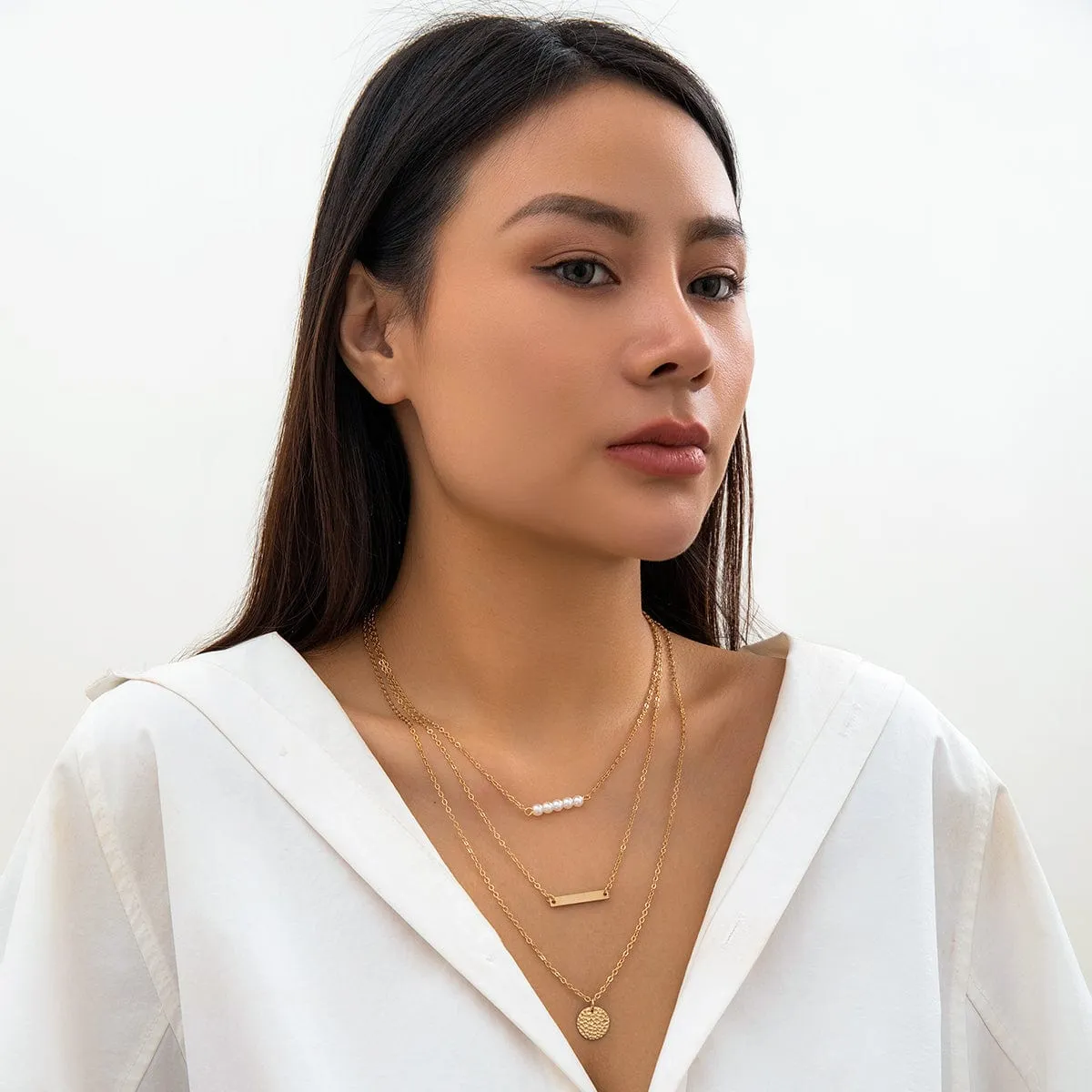 Chic Layered Round Disk Metal Bar Pearl Pendant Cable Chain Necklace Set
