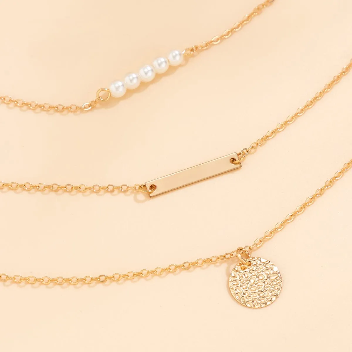 Chic Layered Round Disk Metal Bar Pearl Pendant Cable Chain Necklace Set