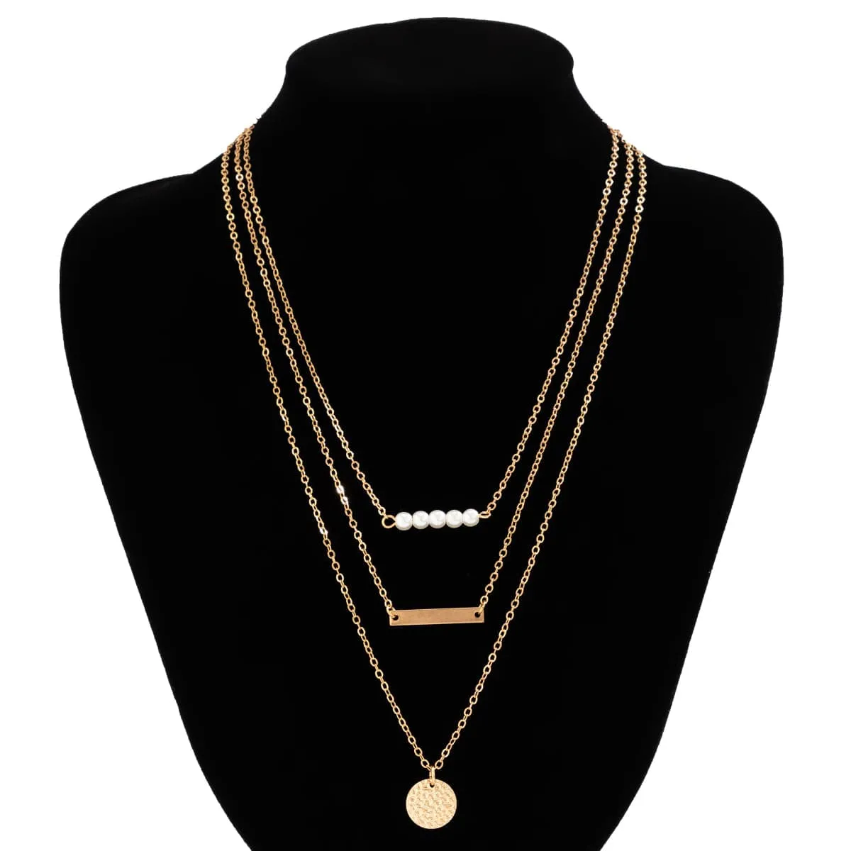 Chic Layered Round Disk Metal Bar Pearl Pendant Cable Chain Necklace Set