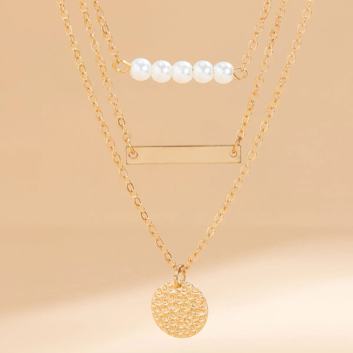 Chic Layered Round Disk Metal Bar Pearl Pendant Cable Chain Necklace Set