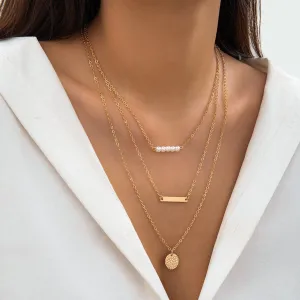 Chic Layered Round Disk Metal Bar Pearl Pendant Cable Chain Necklace Set