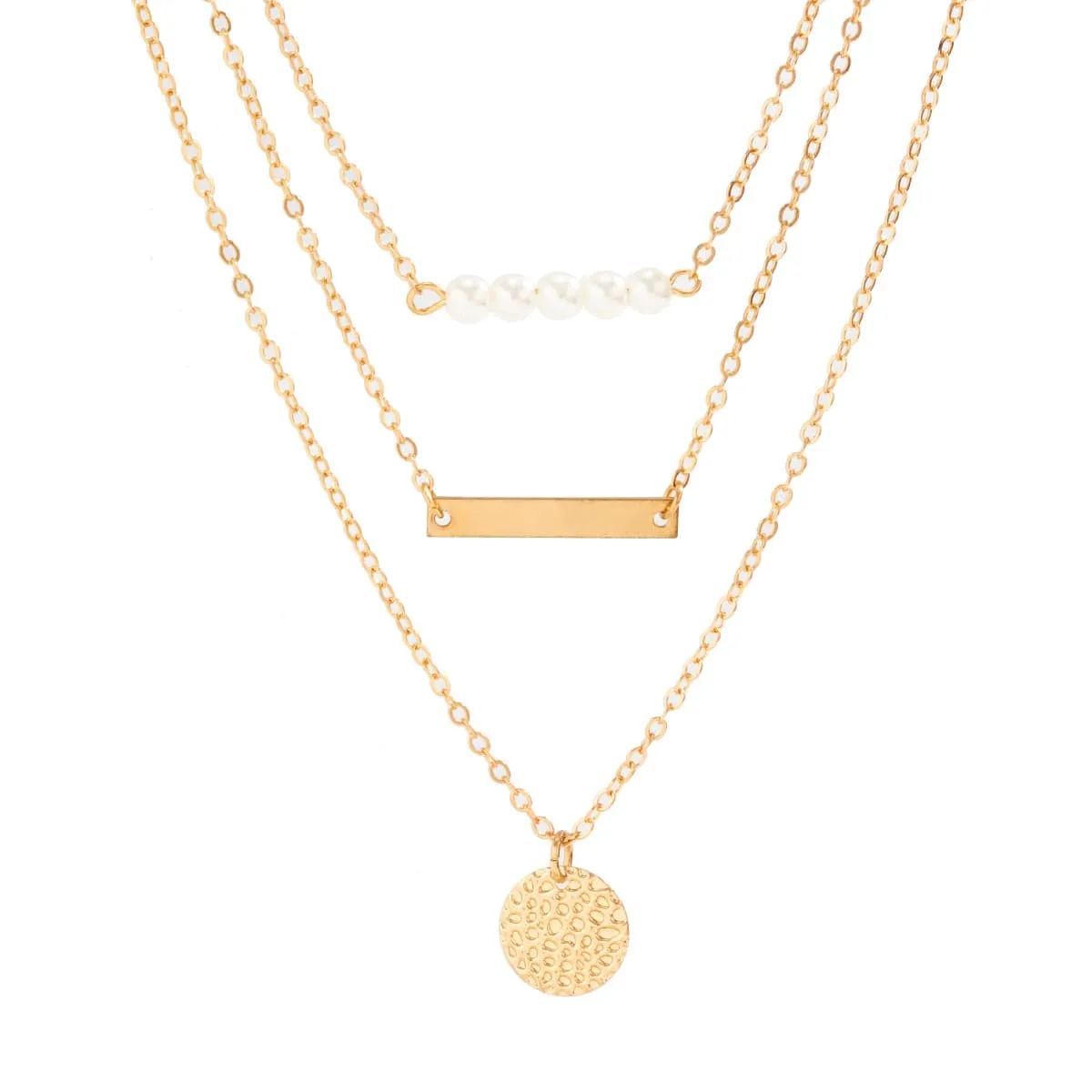 Chic Layered Round Disk Metal Bar Pearl Pendant Cable Chain Necklace Set