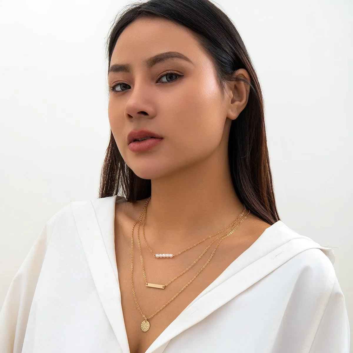 Chic Layered Round Disk Metal Bar Pearl Pendant Cable Chain Necklace Set
