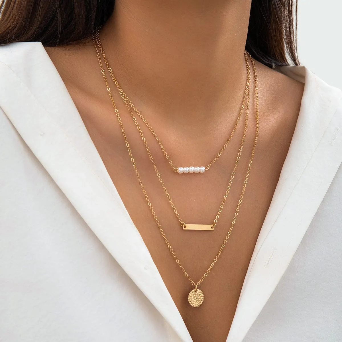 Chic Layered Round Disk Metal Bar Pearl Pendant Cable Chain Necklace Set