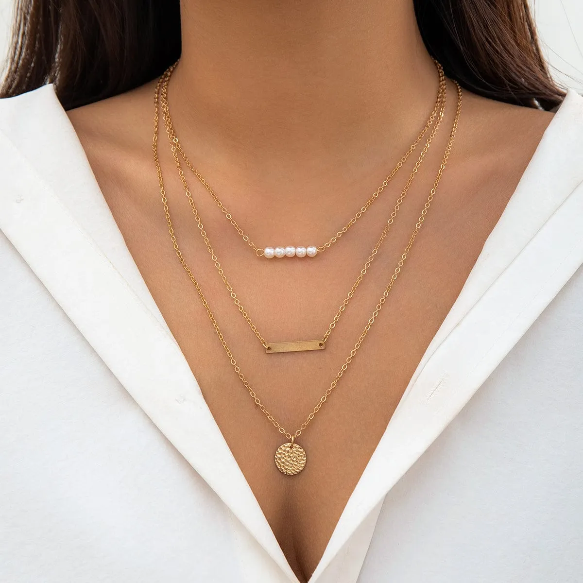 Chic Layered Round Disk Metal Bar Pearl Pendant Cable Chain Necklace Set