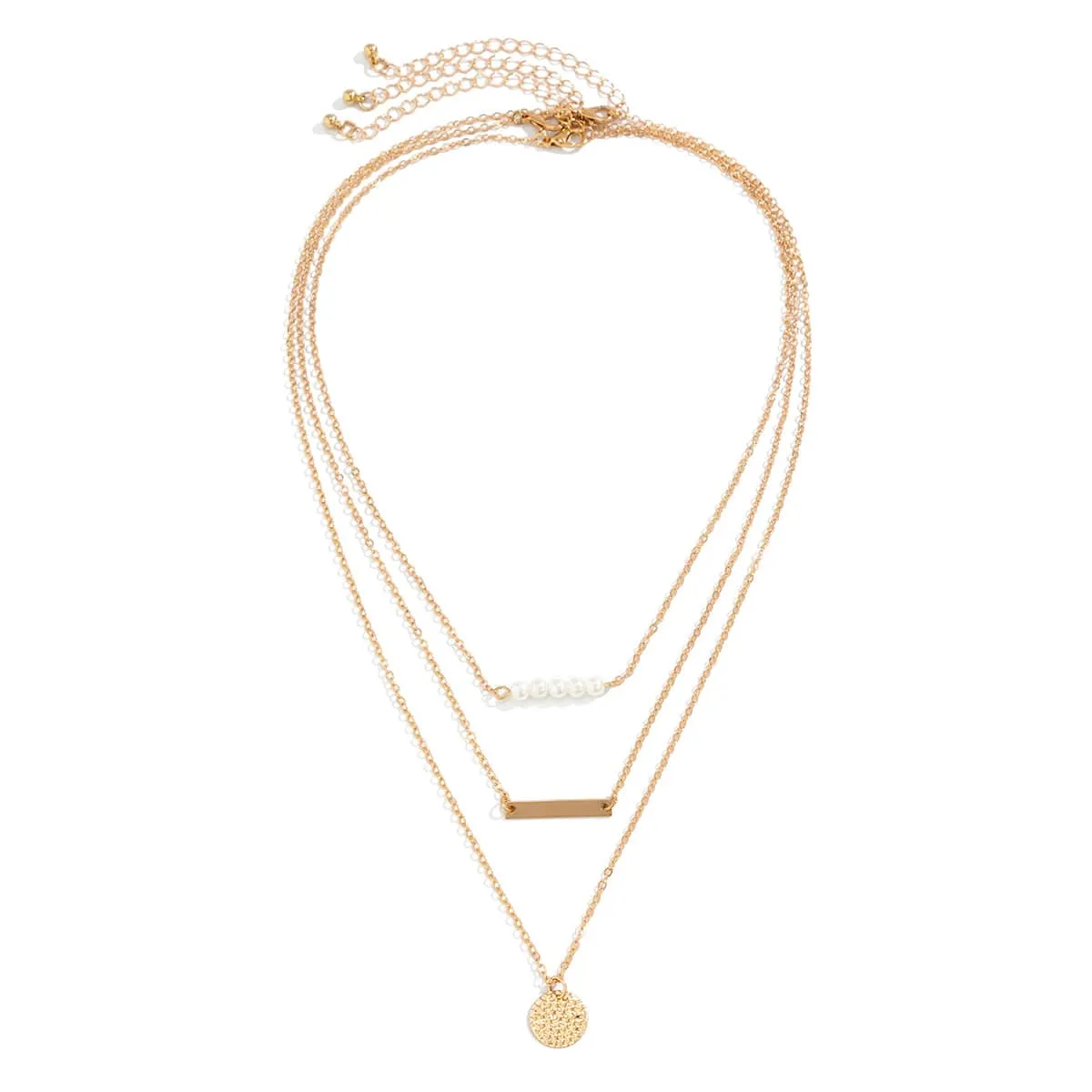 Chic Layered Round Disk Metal Bar Pearl Pendant Cable Chain Necklace Set