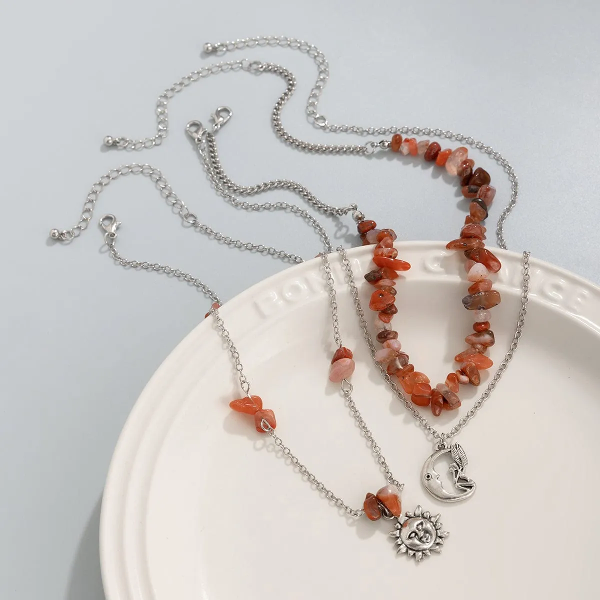 Chic Layered Sun Moon Pendant Turquoise Stone Stackable Necklace Set