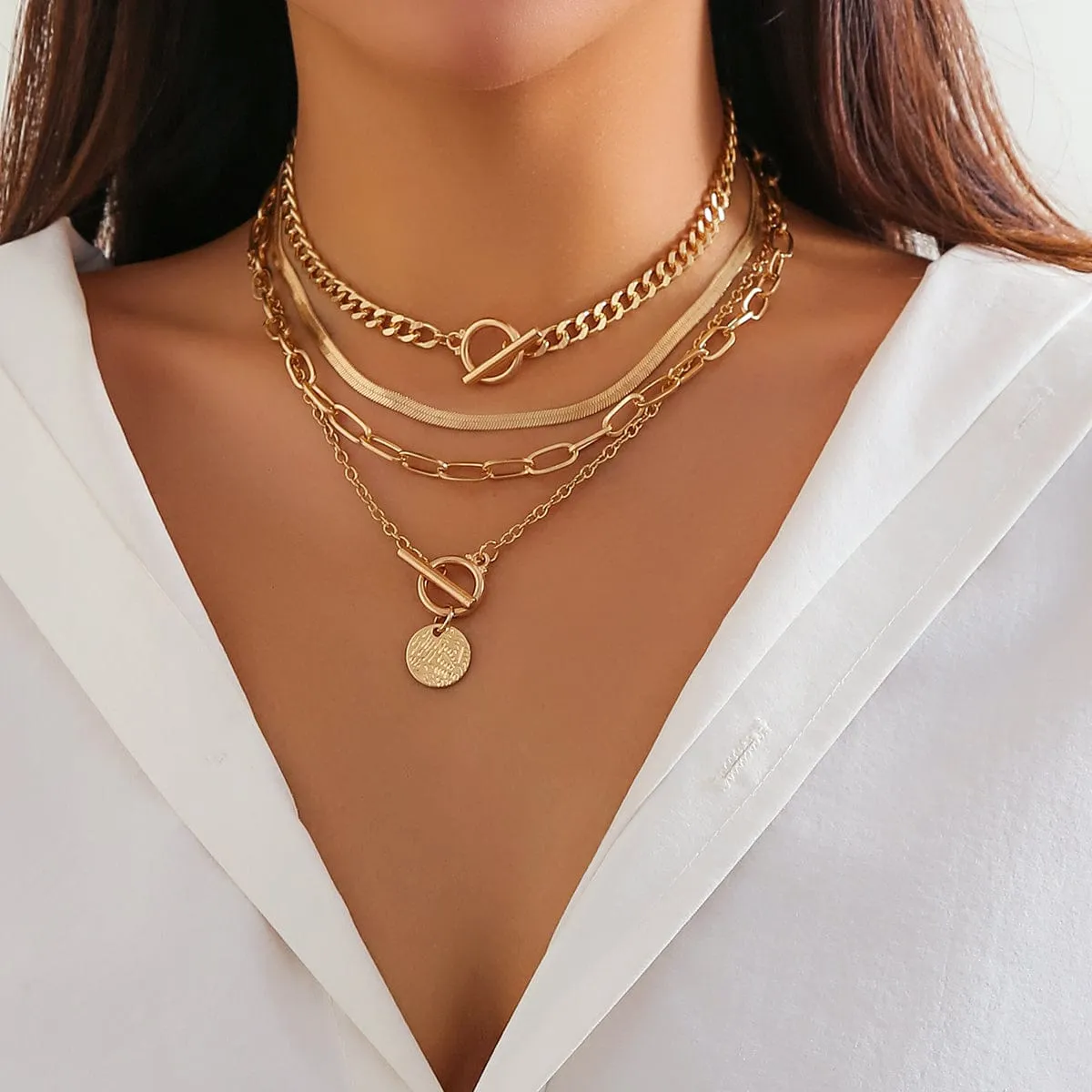 Chic Layered Toggle Clasp Round Disk Pendant Chain Necklace Set