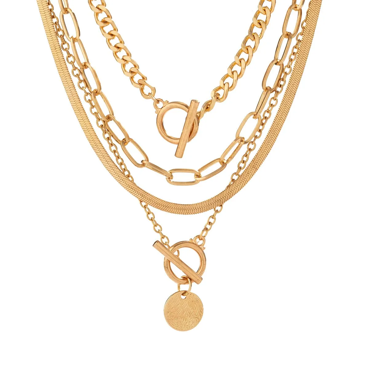 Chic Layered Toggle Clasp Round Disk Pendant Chain Necklace Set