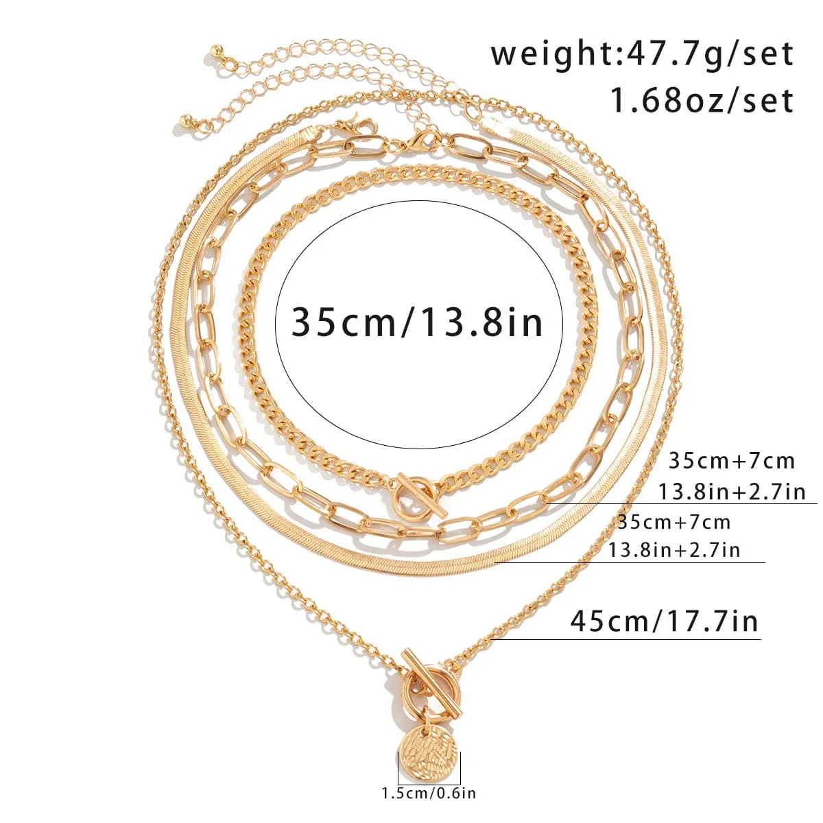 Chic Layered Toggle Clasp Round Disk Pendant Chain Necklace Set